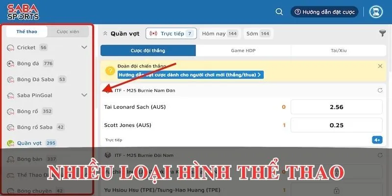 Nhiều loại hình thể thao tại SABA Sports EV88